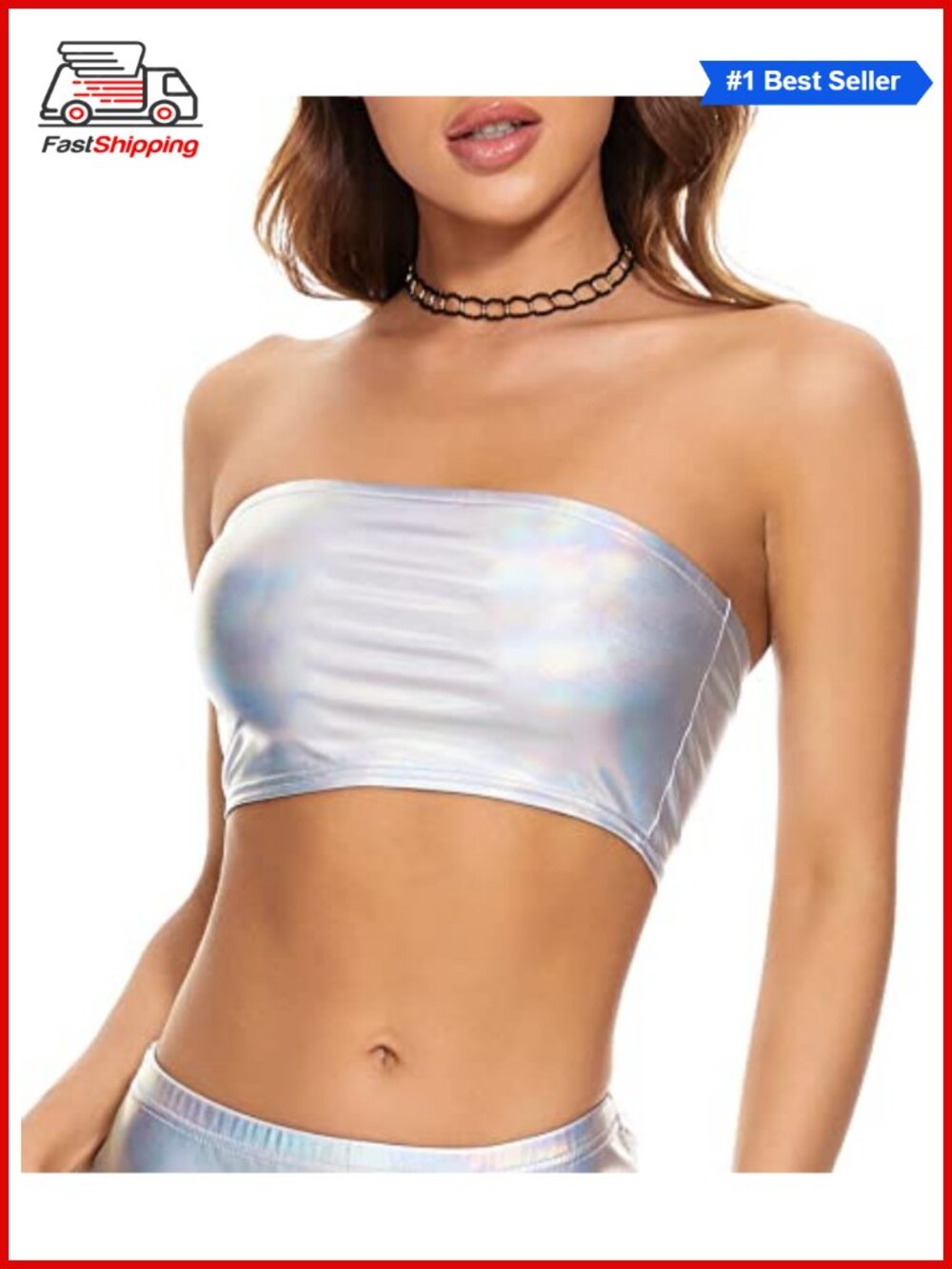 ✨Gatielzana Metallic Crop Top Strapless Tube Bra Clubwear Rave Festival Costume